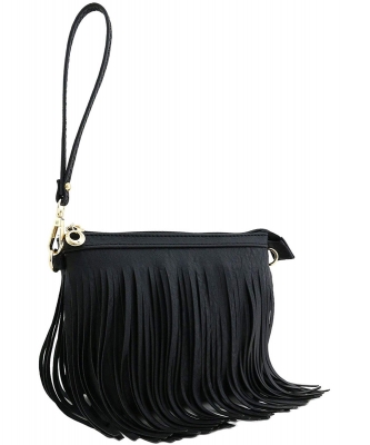 Small Fringe Crossbody Bag with Wrist Strap E091 BLACK